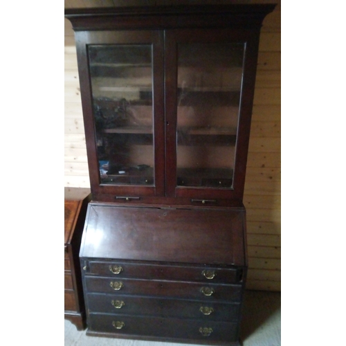 945 - George II Bureau Book Case , 4 x Drawers and Brass Door Furniture, Glazed Doors and 3 Shelves