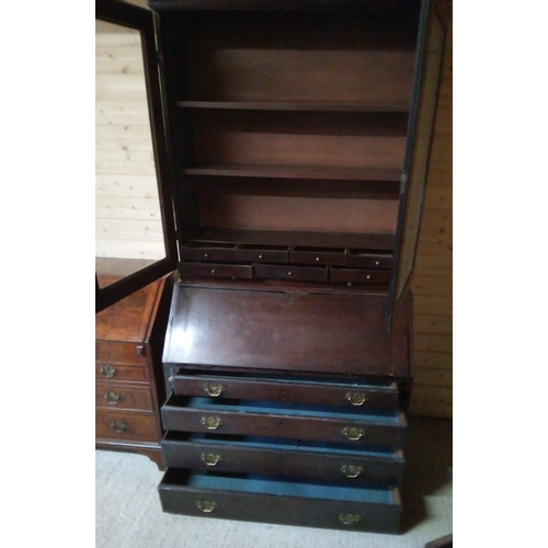 945 - George II Bureau Book Case , 4 x Drawers and Brass Door Furniture, Glazed Doors and 3 Shelves