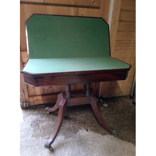 952 - Inlaid Card Table with Green Baize on Splayed Legs and Brass Claw Feet with Castors 74cm x 92cm x 46... 