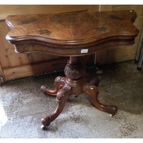 955 - Walnut Burr Folding Card Table on Carved Column and Carved Legs 75cm x 90cm x 45cm