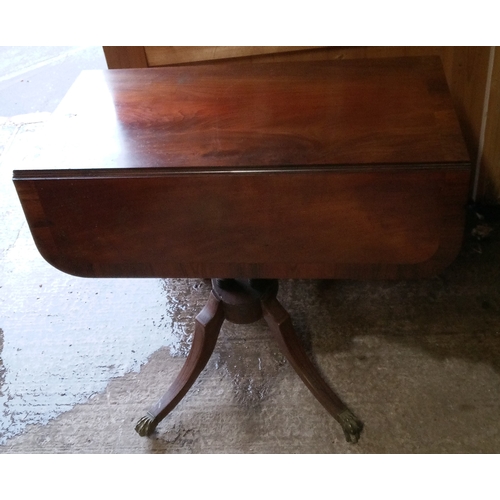 963 - An Antique Drop Leaf Table with Central Column and Brass Clawed Feet. Support on one side missing. 6... 