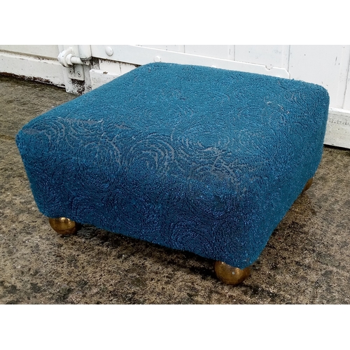 968 - A Low Square Shaped Footstool with Brass Feet and Blue Upholstery 18cm x 34cm x 34cm