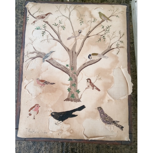 969 - Upholstered  Georgian Foot Stool Depicting a  Bird Scene  - in need of restoration 48cm x 50cm x 39c... 