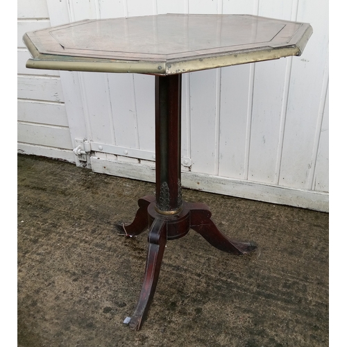 971 - Octagonal Antique Table with Central Column and Three Splayed Legs.  Detailed Brass Inlay on Column ... 