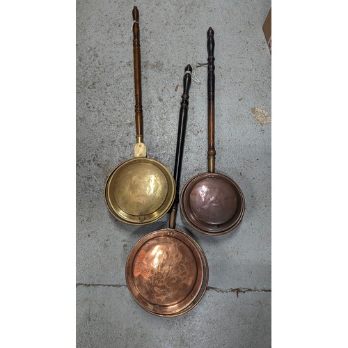 349B - 3 x Brass and Copper Bed Warmers