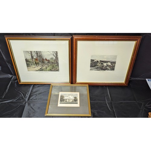 781 - A Pair of Hunting Scene Prints and a Coloured Engraving.