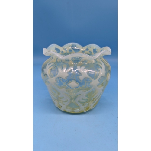 391 - A Vaseline Glass Posy Vase with Opaline Brocade