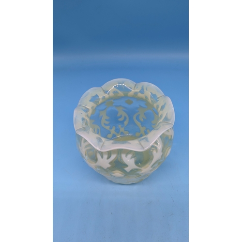 391 - A Vaseline Glass Posy Vase with Opaline Brocade