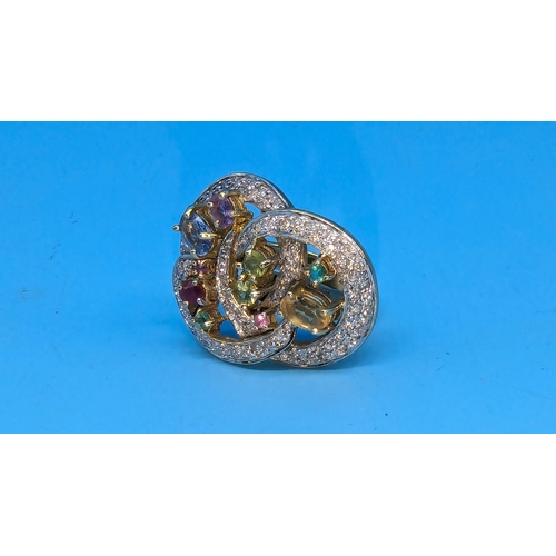 413 - An 18ct Yellow Gold Contemporary Ring encrusted with Diamonds and Multi Coloured Stones. 14.6gms. Si... 