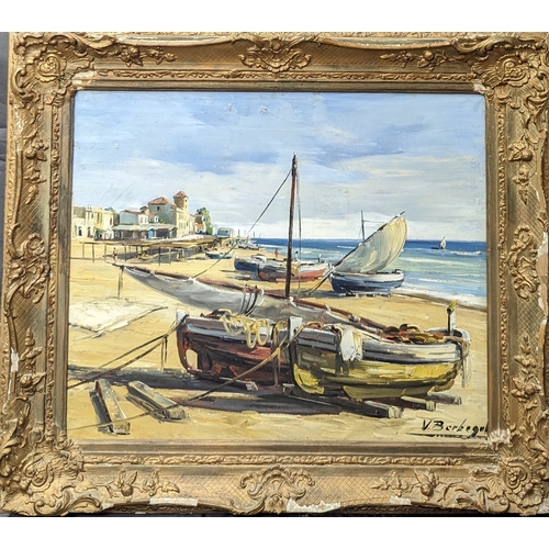 778 - 'Calafell beach 1960' - Fishing boats on the beach, oil on canvas by V. Berbegul - 77 x 66 in frame