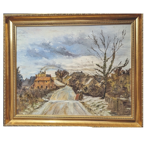 794 - An oil on board of a village scene in winter - 72 x 60cm