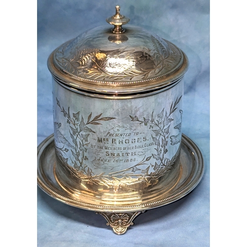 396 - An Ornate Silver Plate Tea Biscuit Caddy - engraved to Mrs Rhodes 1886