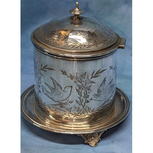 396 - An Ornate Silver Plate Tea Biscuit Caddy - engraved to Mrs Rhodes 1886