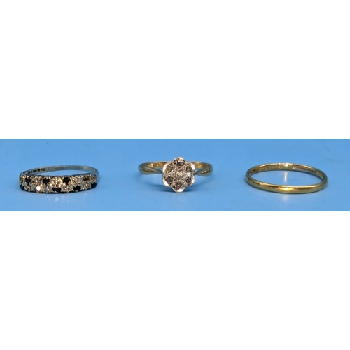 397 - A 22ct Gold wedding band 1.68g, an 18ct Gold and Diamond ring 1.86g (missing one diamond), plus a 9c... 