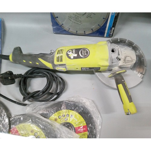 1593 - 240V Rybi 230mm (9inch) angle grinder with 3 diamond blades and 3 metal cutting blades.