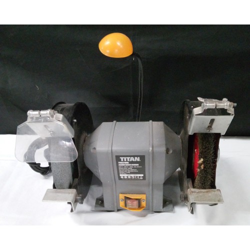 1599 - Titan TT8521GRB 200mm Bench Grinder with light grinding disc and wire brush disc (one guard broken a... 