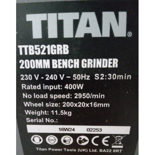 1599 - Titan TT8521GRB 200mm Bench Grinder with light grinding disc and wire brush disc (one guard broken a... 