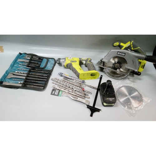 1600 - Ryobi SDS Drill and Circular saw. One battery (no charger), spare blade for saw, and assorted SDS bi... 