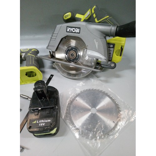 1600 - Ryobi SDS Drill and Circular saw. One battery (no charger), spare blade for saw, and assorted SDS bi... 