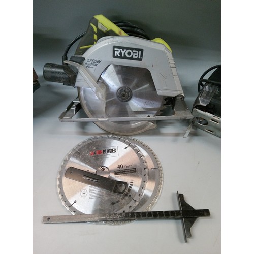 1597 - Black & Decker Jigsaw, Ryobi Circular saw with spare blade, and a GMC Power sander