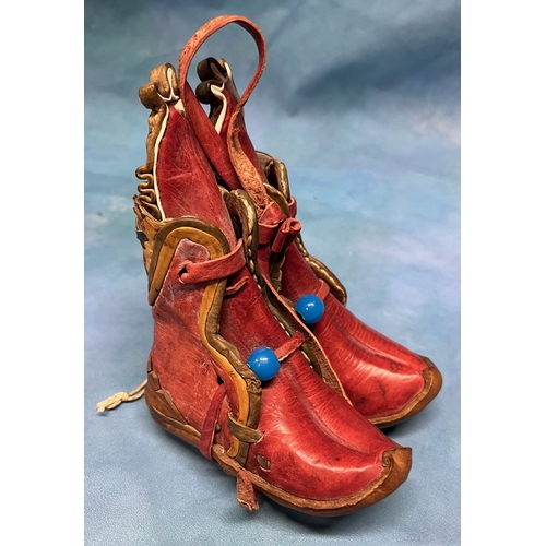 111 - Antique Turkish child's boots - Red leather with blue beads