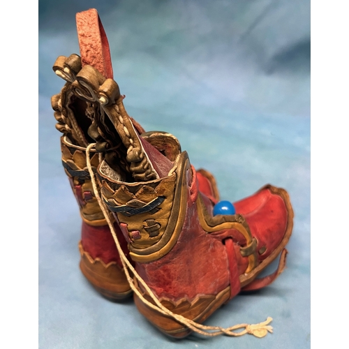 111 - Antique Turkish child's boots - Red leather with blue beads