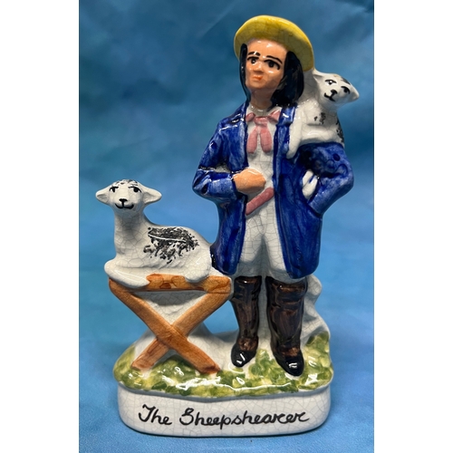 114 - 3x Ornaments - Staffordshire Shepherd, Shepherdess and the Sheepshearer