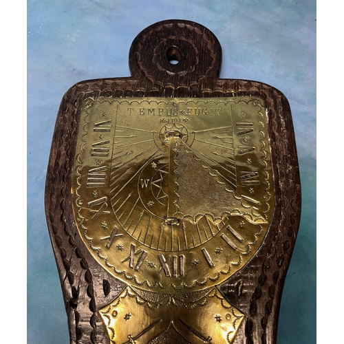 135 - Brass sundial mounted on wooden backing - Tempus Fugit 1703 - Mox Mihi Tibi Nox - Britain Sundails