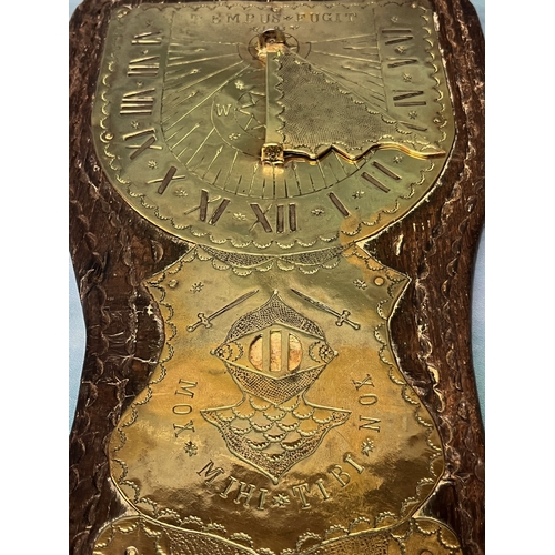 135 - Brass sundial mounted on wooden backing - Tempus Fugit 1703 - Mox Mihi Tibi Nox - Britain Sundails