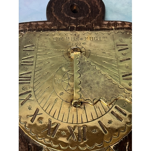 135 - Brass sundial mounted on wooden backing - Tempus Fugit 1703 - Mox Mihi Tibi Nox - Britain Sundails