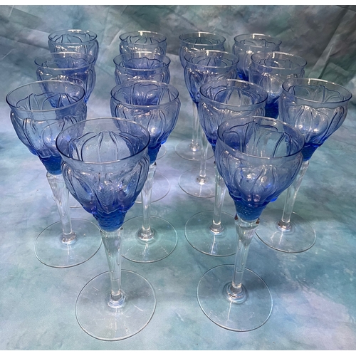 529 - 14x Handblown Glass Rose wine glasses, and 13x water glasses