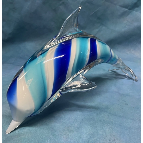 541 - Blue Teal coloured Crystal glass dolphin figurine / table ornament