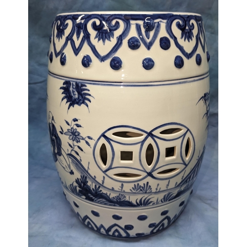 65 - A hand painted, blue and white ceramic glazed garden stool - 45cm tall - Top seat 28cm