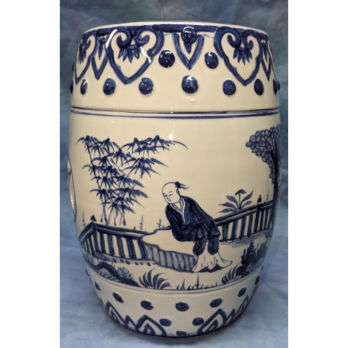 65 - A hand painted, blue and white ceramic glazed garden stool - 45cm tall - Top seat 28cm