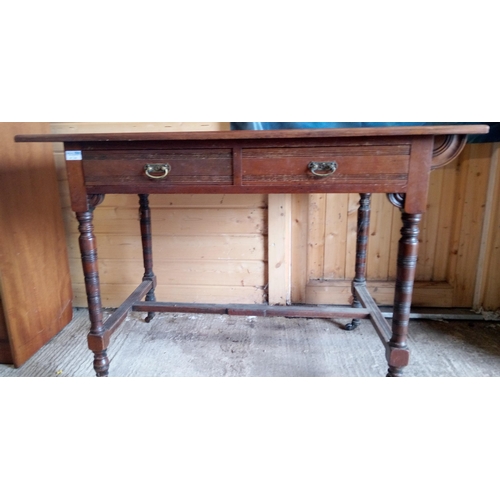 1109 - Antique table with 2 drawers, carved detailing and turned legs - 74h x 107w x58d