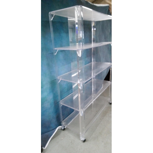 617 - A  Akiko Perspex Shelving Unit with Five Shelves with Wheels. 182cm H x 124cm W x 46cm D.