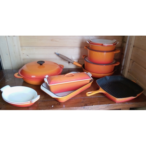 142 - Le Creuset including 3 casserole dishes with lids, frying pan and griddle pan Roasting dish, 3 oven ... 