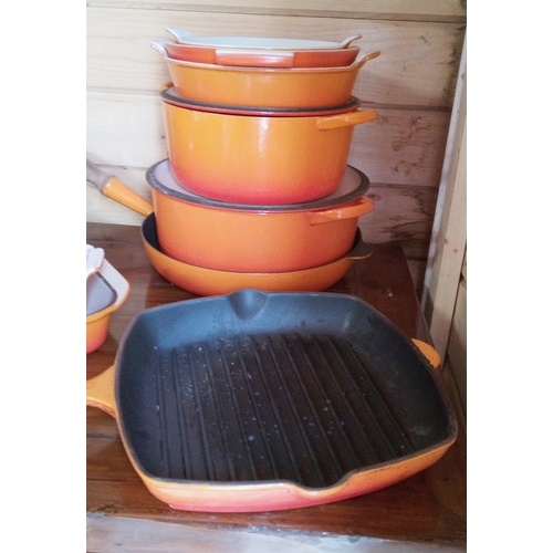 142 - Le Creuset including 3 casserole dishes with lids, frying pan and griddle pan Roasting dish, 3 oven ... 