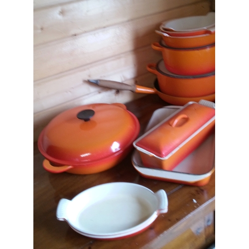 142 - Le Creuset including 3 casserole dishes with lids, frying pan and griddle pan Roasting dish, 3 oven ... 