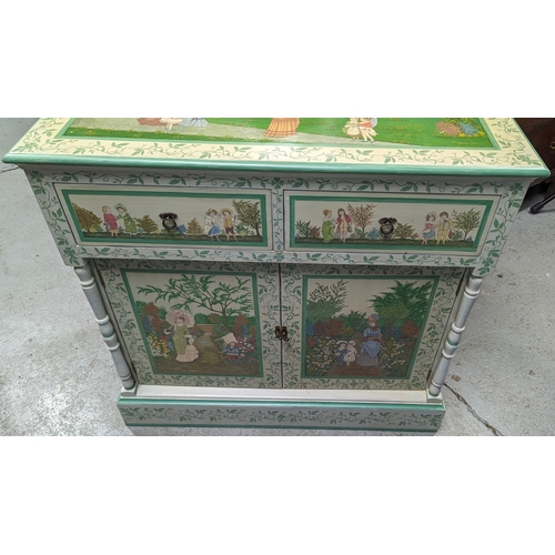 349 - An Ornate Painted Cupboard Signed J Cooper 84 x 78 x 45cm