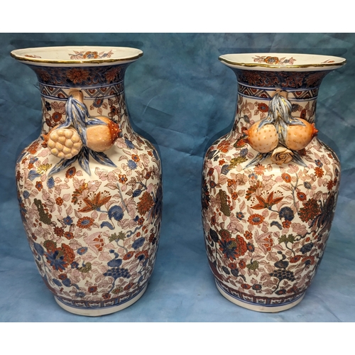 565 - 2x Large antique Chinese shoulder vases with applied Pomegranite & rose blossom handles - Glaze pain... 