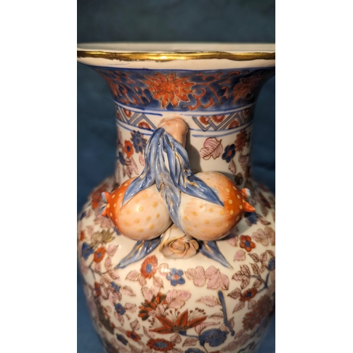 565 - 2x Large antique Chinese shoulder vases with applied Pomegranite & rose blossom handles - Glaze pain... 