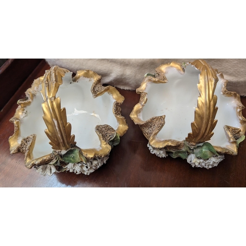 227 - A pair of hand painted antique porcelain baskets with jasmine flower decoration, on weaved gold back... 