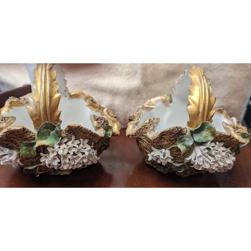 227 - A pair of hand painted antique porcelain baskets with jasmine flower decoration, on weaved gold back... 