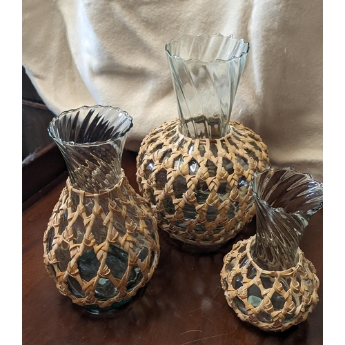 230 - Set of 3 Wicker Covered Glass Vases in Graduating Sizes