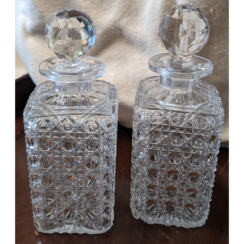 231 - A Pair of Antique Square Cut Crystal Decanters - Damage to 1 x Stopper and Rim as Pictured