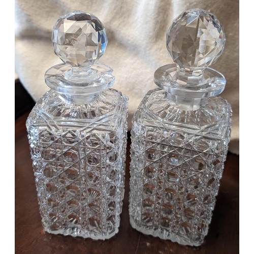 231 - A Pair of Antique Square Cut Crystal Decanters - Damage to 1 x Stopper and Rim as Pictured