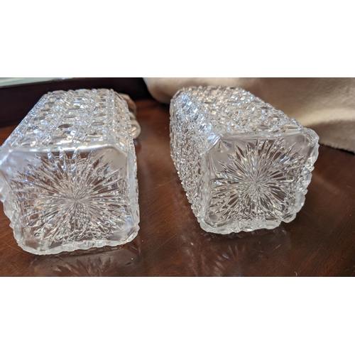 231 - A Pair of Antique Square Cut Crystal Decanters - Damage to 1 x Stopper and Rim as Pictured