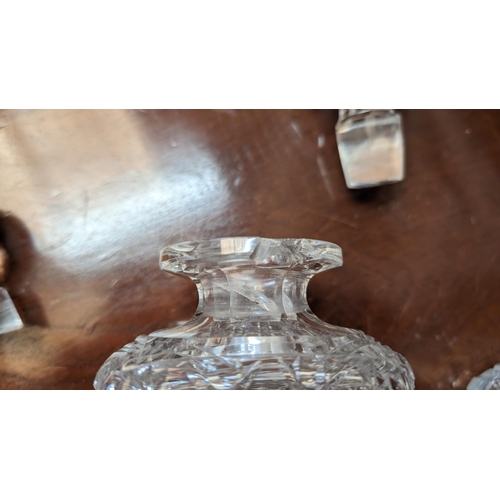 231 - A Pair of Antique Square Cut Crystal Decanters - Damage to 1 x Stopper and Rim as Pictured