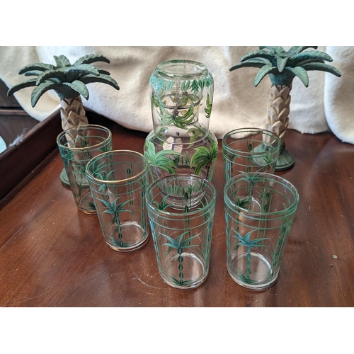 298 - A Set pf 5 x Pal Tree Vintage Glasses, A Decanter with Glass and 2 x Heavy Wooden and Metal Plam Tre... 